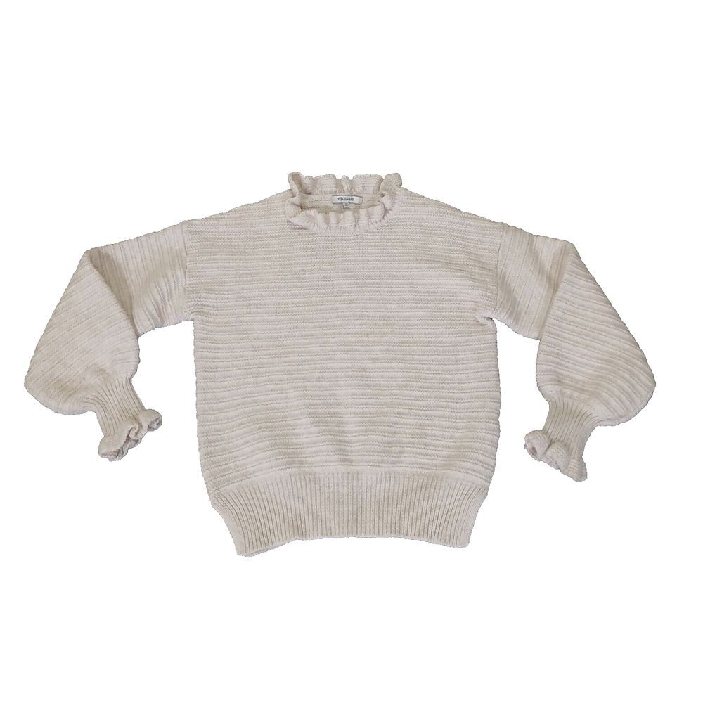 Madewell Womens cream ruffle knit sweater sleeve Marino wool blend stretch S